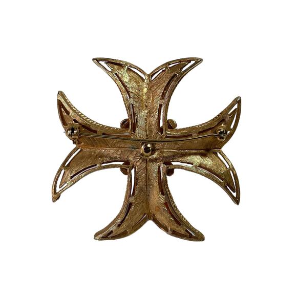 1960s Brushed & Rope Textured Gold Plated Maltese Heraldic Cross Pin Brooch - Picture 2 of 3